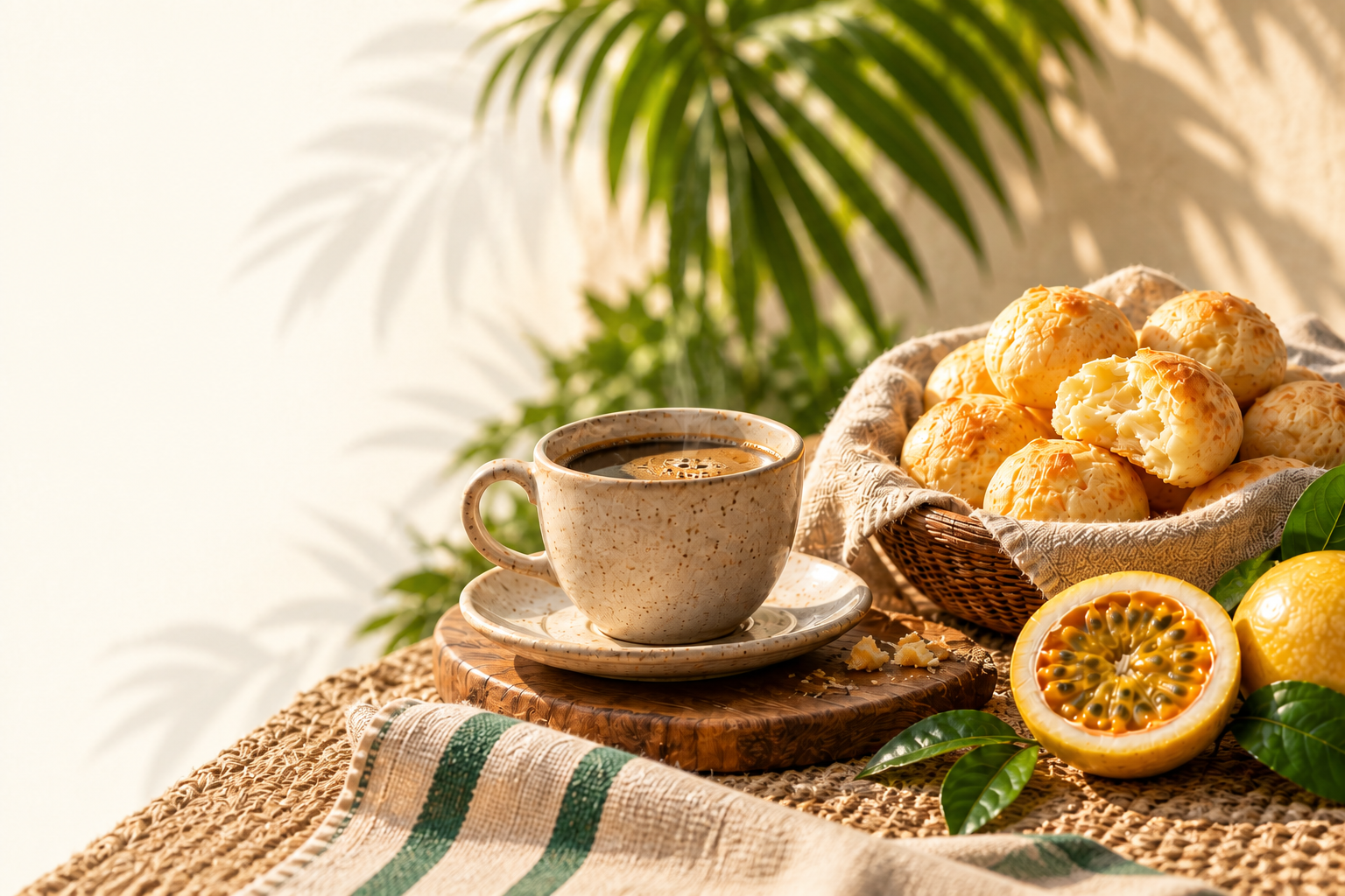 Caffè, pão de queijo e frutto della passione su una tavola brasiliana